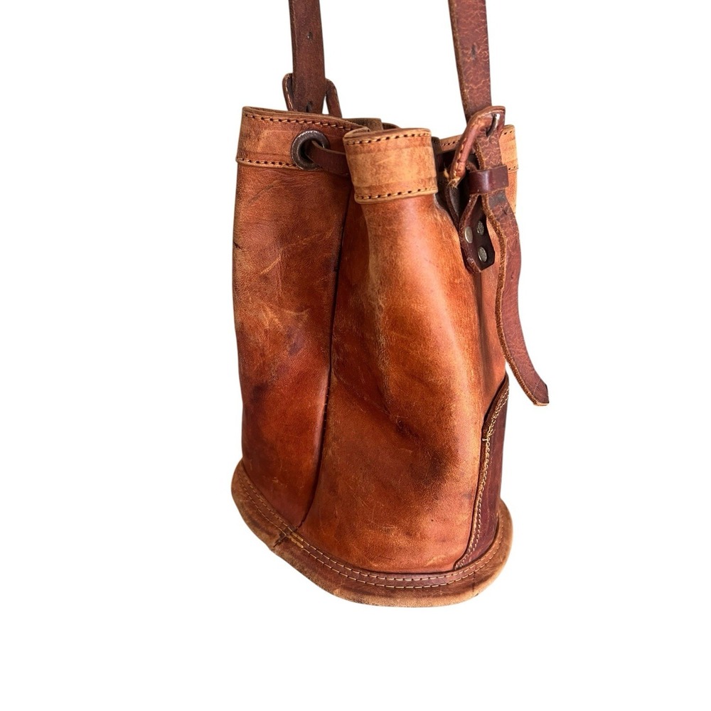 Vintage Genuine Leather Bucket Bag Distressed Leather Drawstring Front Pockets - Picture 6 of 16